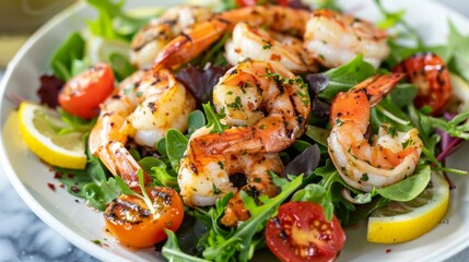 Grilled shrimp served on a bed of mixed greens with cherry tomatoes and drizzled with lemon vinaigrette