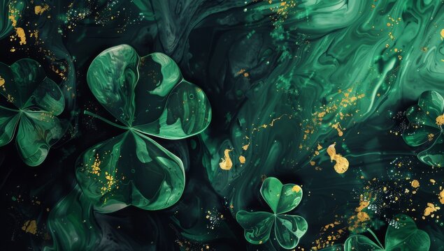 A beautiful affordable artistic wallpaper background template for celebration presentations, ads, and all your creative endeavors: Saint Patrick's Day Alcohol ink painting with dark color palette