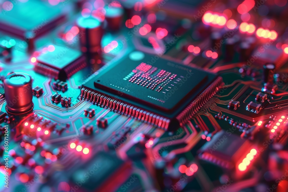 Poster closeup of a vibrant circuit board with illuminated pathways and microchip
