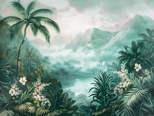 Colorful tropical rainforest. palm leaves and other plants. Aloha textile collection. Tropical forest with dense vegetation of trees, shrubs and vines. AI generated illustration