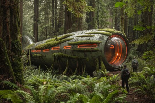 The image shows an alien exploring a lush green forest with trees towering above him, all created with stock artificial intelligence