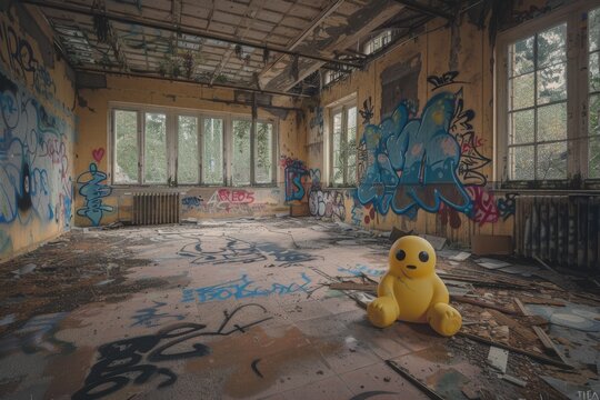 A creative graffiti artist sprays its creations on the walls of an abandoned building, created using artificial intelligence