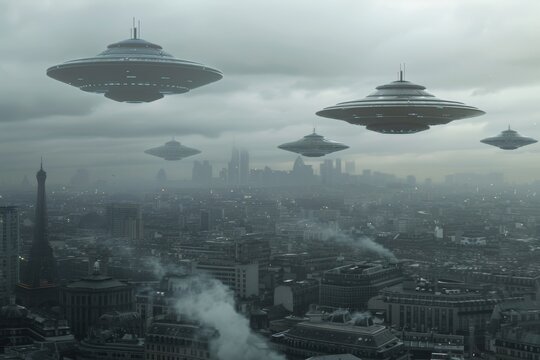 Using stock artificial intelligence, an alien mother ship hovers above a futuristic city with aliens in transit to their final destinations