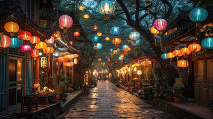 Lantern-lit streets at Lantern Festival, Taiwan.