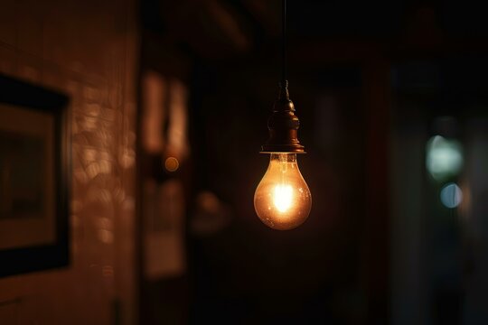 Warm incandescent light bulb dangles against a dark backdrop, casting a soft glow and intricate shadows