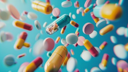 Capsules and pills used in pharmaceutical treatment and medication.