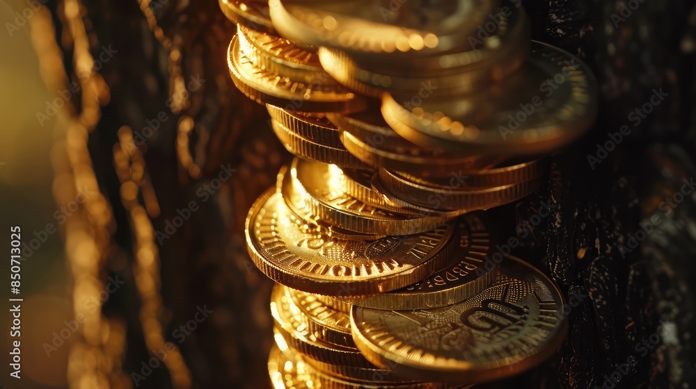 Poster close-up of stacks of golden coins forming the shape of a tree trunk