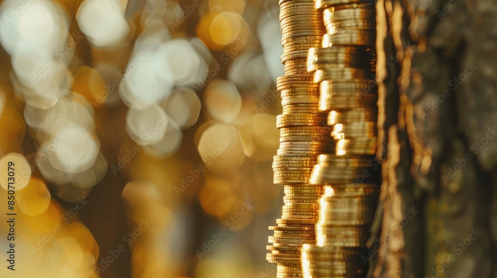 Poster close-up of stacks of golden coins forming the shape of a tree trunk