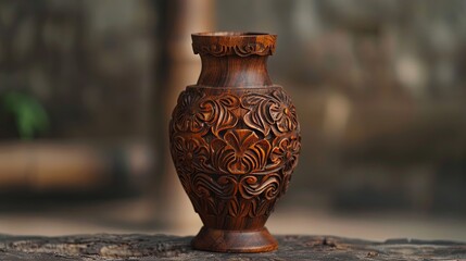 brown color carved wooden vase for decoration