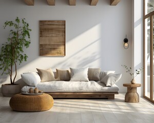 Wicker and fabric pouf, White sofa with wicker pouf and rattan lounge chair, Wicker and fabric pouf near white corner sofa