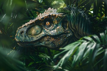 Digital art of a realistic dinosaur head peering through vibrant tropical leaves