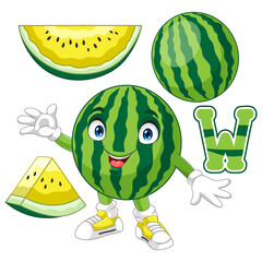 Cartoon cute yellow watermelon fruit waving hand