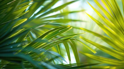 Close-up of tropical palm leaves swaying gently in the breeze