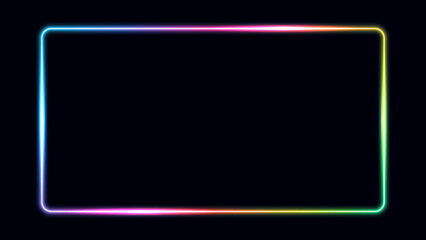 Rainbow rectangle neon frame border, light sign box with 15:8scale ratio for web presentation, thumbnail, banner, 16:9 work project, vector illustration.