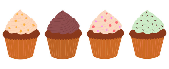Set of cupcakes in flat style. Illustration isolated on white background.