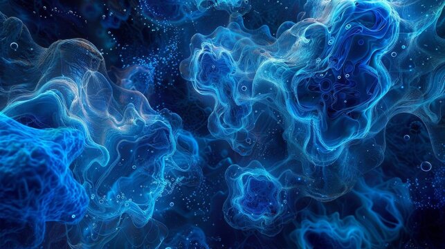 Digital art of neon blue bacteria forming intricate biofilm structures, with glowing tendrils and vibrant, interconnected colonies, creating a mesmerizing and otherworldly effect