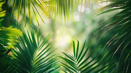 Obraz premium Close-up of tropical palm leaves with a soft focus background