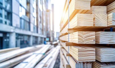 Obraz premium Several stacks of textured white wood pieces with blur effect background