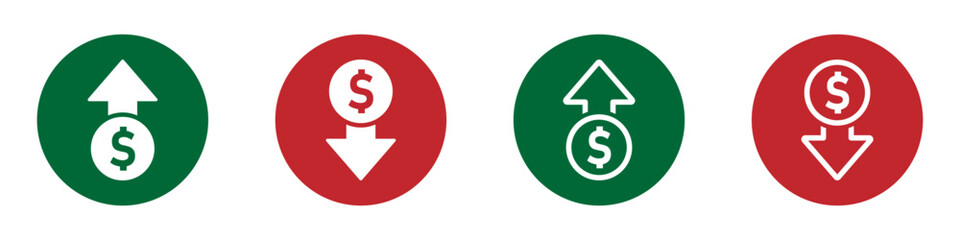 Dollar increase and decrease vector icons. ost increase and decrease vector signs