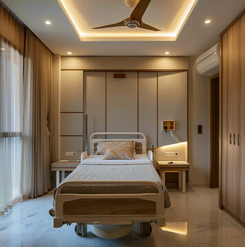 subtle indian design  in the interor design in an ags care room with a bed
