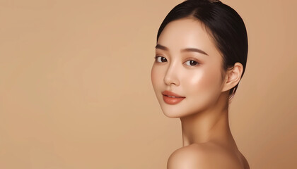 A portrait of a young woman exuding serene elegance with her flawless skin and subtle expression
