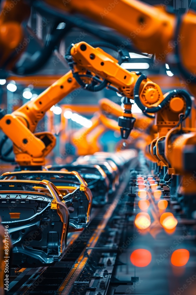 Poster autonomous robots construct cars in factories
