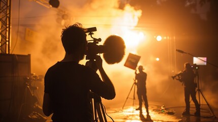 Fototapeta premium Silhouette of a boom operator holding a microphone above a scene