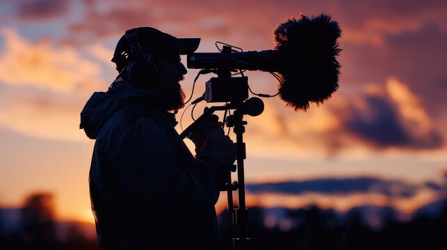 Silhouette of a boom operator holding a microphone above a scene