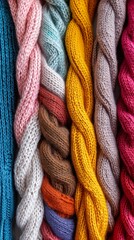 Multicolored knitted clothes background. Handmade or factory-made clothes. Cozy knitted things