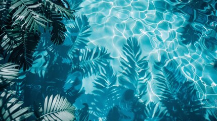 Top view of bold tropical leaf shadows on a serene, deep blue water surface, evoking a sense of relaxation and tranquility