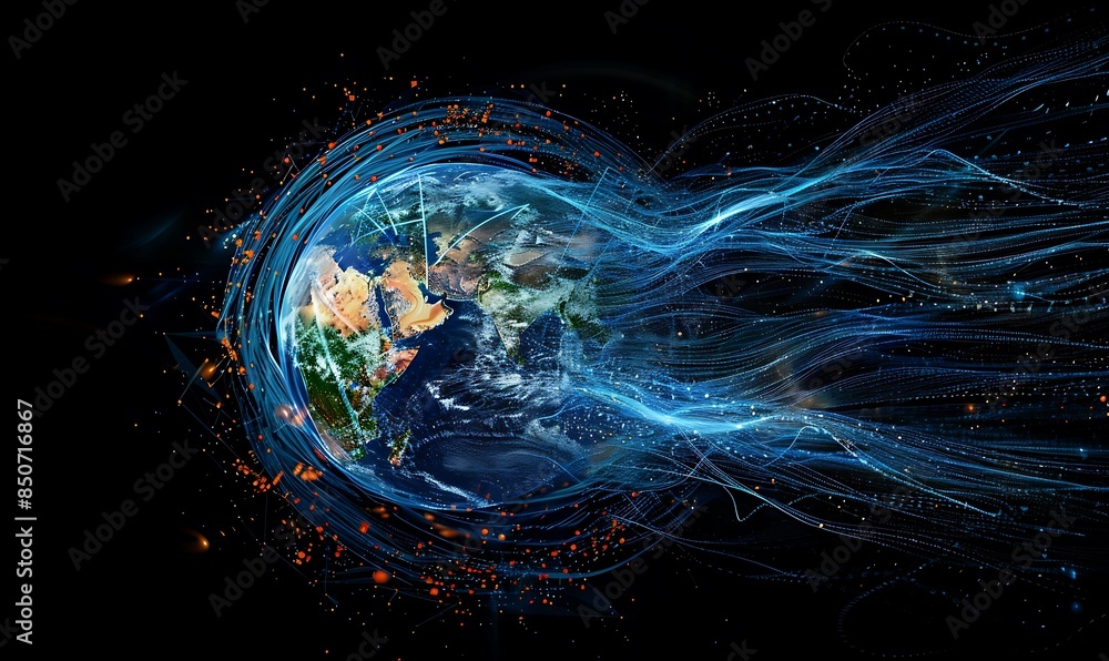 Poster a digital matrix of data streams swirling around the earth, illustrating the omnipresence of technol