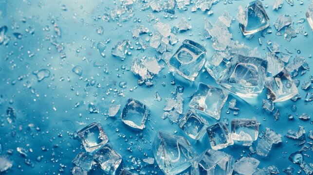 Top view of ice cubes on a frosty bluish background, capturing the essence of coldness and the crisp, refreshing feel of frozen water