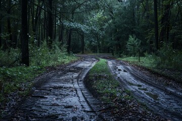 Obraz premium Serene, moody shot of a wet trail winding through a dark, misty forest