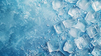 Top view of ice cubes on a frosty bluish background, capturing the essence of coldness and the crisp, refreshing feel of frozen water