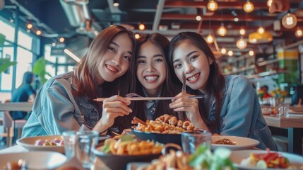 Fototapeta premium Three women are smiling and eating food at a restaurant