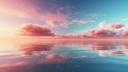 Fototapeta premium Spectacular abstract image of a scenic calm ocean, sunrise sky reflecting in the water. Sunset and natural. Digital art 3D illustration.