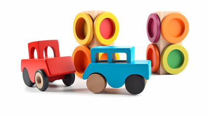 Naklejka premium Set of 3 colorful classic toddler cutout or child's toys of car wheels, xylophone and geometric cubes isolated on white.