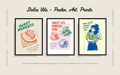 Obraz premium A large set of Vector posters on the theme of a sweet life in Italy, sweet tooth, hand-drawn drawings with interesting, inspiring phrases for the comfort of your home