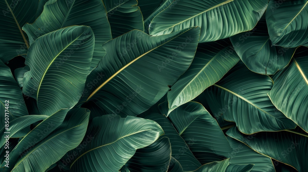 Poster an artificial intelligence image of tropical banana leaf texture on a dark green background of large