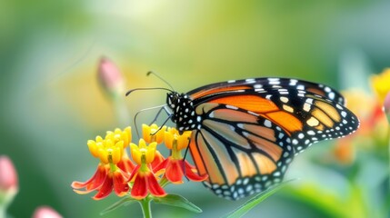 Fototapeta premium Monarch Butterfly Feeding On Yellow Flowers In A Garden