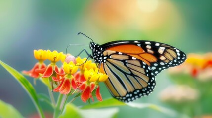 Fototapeta premium Monarch Butterfly Feeding On Yellow And Red Flowers In A Garden