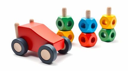 Fototapeta premium Set of 3 colorful classic toddler cutout or child's toys of car wheels, xylophone and geometric cubes isolated on white.