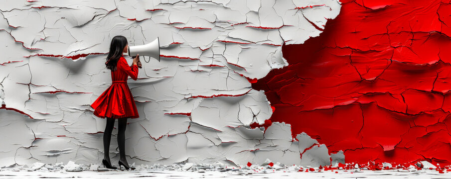 Silhouette of a woman shouting through a megaphone, breaking through a cracked white surface, concept of female empowerment, voice, and breaking barriers