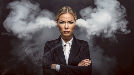 Female manager with smoke or steam coming from her ears. Concept of overworking, stress or headache