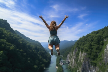 Bungie jumping. The girl overcomes her fear and jumps from a great height to the bottom. Extreme sport
