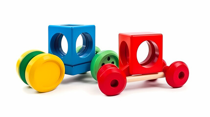 Set of 3 colorful classic toddler cutout or child's toys of car wheels, xylophone and geometric cubes isolated on white.