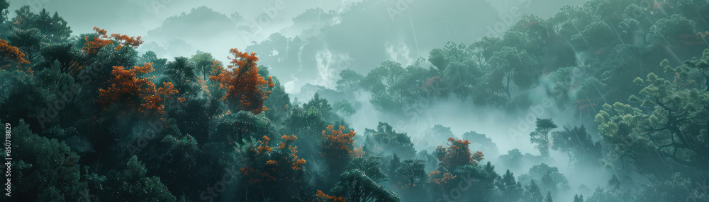 Poster enchanting mist lush forest cloaked in fog with vibrant red foliage creating a mystical and tranquil