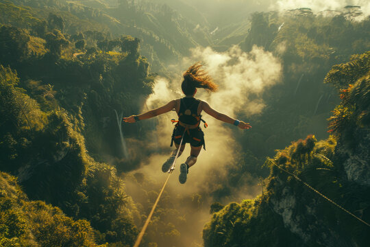 Bungie jumping. The girl overcomes her fear and jumps from a great height to the bottom. Extreme sport