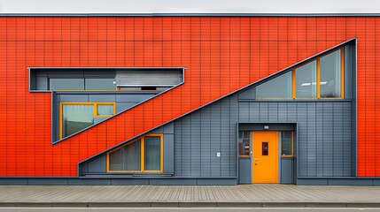 Facade of a modern building with bright red and gray paneling, geometric shapes of windows and doors