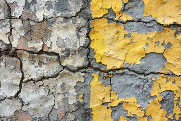 Fototapeta premium A distressed wall with peeling yellow and gray paint, a textured and rough effect. Copy space banner